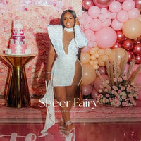 SHEER FAIRY STORE - Original Sparkly Sequin White Short African Prom Dresses With Side Skirt Ruffles High Neck Black Girls Cocktail Graduation Party Gown RM005