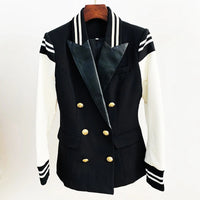 O'DRESSY - ORIGINAL HIGH QUALITY Newest Fashion 2024 Designer Blazer Women's Leather Patchwork Double Breasted Blazer Classic Varsity Jacket