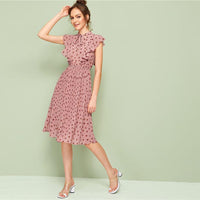 LUXURY AND ME - Original Pink Tie Neck Ruffle Trim Dot Pleated Fit and Flare Empire Dresses