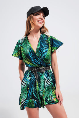 Q2 - Original Wrap Jumpsuit in Green Tropical Print