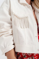 Q2 - Original Denim Jacket With Diamante Fringing in White