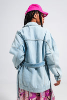 Q2 - Original Longline Denim Jacket With Belt in Light Blue Wash