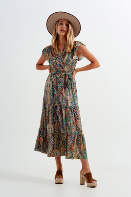 Q2 - Original Dressed Ruffle Hem Midaxi Dress in Paisley Print in Green