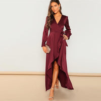 LUXURY AND ME - Original V-Neck Belted Wrap Asymmetric Party Maxi Dress