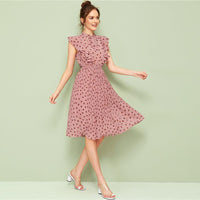 LUXURY AND ME - Original Pink Tie Neck Ruffle Trim Dot Pleated Fit and Flare Empire Dresses