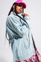 Q2 - Original Longline Denim Jacket With Belt in Light Blue Wash