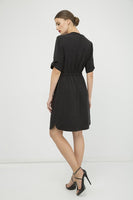 CONQUISTA FASHION - Original Straight Black Tencel Dress With Belt Detail