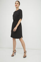 CONQUISTA FASHION - Original Straight Black Tencel Dress With Belt Detail