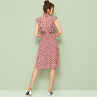 LUXURY AND ME - Original Pink Tie Neck Ruffle Trim Dot Pleated Fit and Flare Empire Dresses