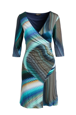 CONQUISTA FASHION - Original Print Jersey Faux Wrap Dress in Petrol