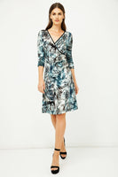 CONQUISTA FASHION - Original Print Jersey Faux Wrap Dress in Dark Navy