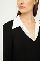 CONQUISTA FASHION - Original Shirt Collar Detail Black Striped Dress