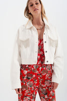 Q2 - Original Denim Jacket With Diamante Fringing in White