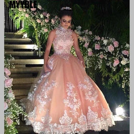 BEALEGANTOM - Original Sweet 16 Year Lace Champagne Quinceanera Dresses 2024 Vestido Debutante 15 Anos Ball Gown High Neck Sheer Prom Dress for Party QD31 DIGITAL OFFICE ELECTRONIC