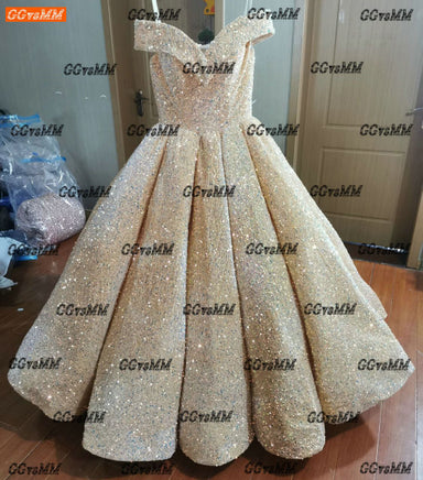 GGVSMM - Original Sparkly African Wedding Dress Long Off Shoulder Sequines robe de mariee Lace Up Ball Gown Arabic Bridal Dresses 2022 Custom Made DIGITAL OFFICE ELECTRONIC