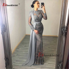 Original Elegant Muslim Wedding Evening Night Dress for Women 2022 Crystal Sequin High Neck Long Sleeves Mermaid Formal Prom Party Gowns