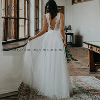 Original Bohemian Lace Wedding Dress 2021 Elegant V-neck Sleeveless Soft Tulle Beach Boho Bridal Gowns Custom Made Robe de Mairee