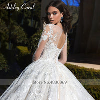 Original Ashley Carol Lace Ball Gown Wedding Dresses Long Sleeve Crystal Appliques Scoop Lace Up Cathedral Wedding Gowns Vestido De Noiva