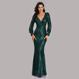 Original Sexy V-neck Mermaid Evening Dress Long Formal Prom Party Gown Full Sequins long Sleeve Galadress Vestidos Women Dresses 2021