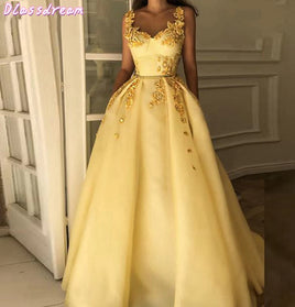 Original Yellow Evening Dresses 2020 Sexy Appliques Lace Robe De Soiree A-Line Elegant Women Formal Party Night Satin Long Prom Gowns