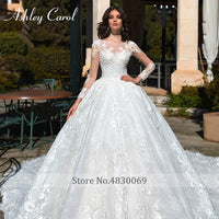 Original Ashley Carol Lace Ball Gown Wedding Dresses Long Sleeve Crystal Appliques Scoop Lace Up Cathedral Wedding Gowns Vestido De Noiva