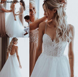 Original Boho Wedding Dresses 2022 Backless Lace Appliques Pearls Spaghetti Straps A-Line Beach Bridal Gowns Robe De Mariee Cheap