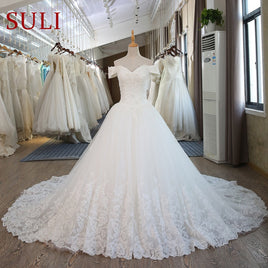 SULI-100 Original Real Pictures White Ball Gown Bridal Dress mariage Vintage Muslim Plus Size Lace Wedding Dress 2020 Princess with Sleeve