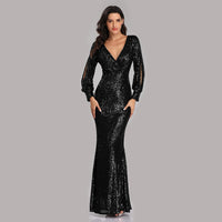 Original Sexy V-neck Mermaid Evening Dress Long Formal Prom Party Gown Full Sequins long Sleeve Galadress Vestidos Women Dresses 2021