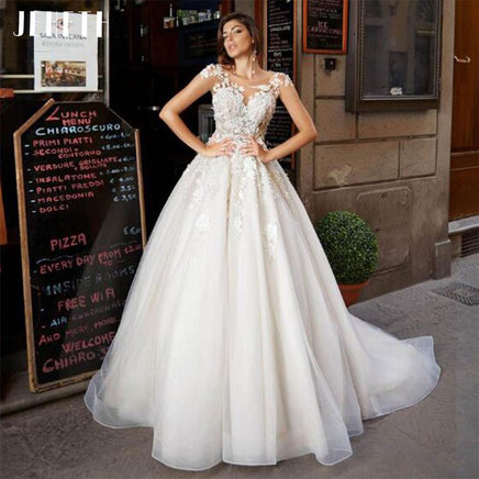 JEHETH - Original Scoop Neck Tulle Boho Chic Wedding Dresses 2022 Cap Sleeve Embroidery Lace Appliques Bridal Dress Robe Princess Mariage DIGITAL OFFICE ELECTRONIC