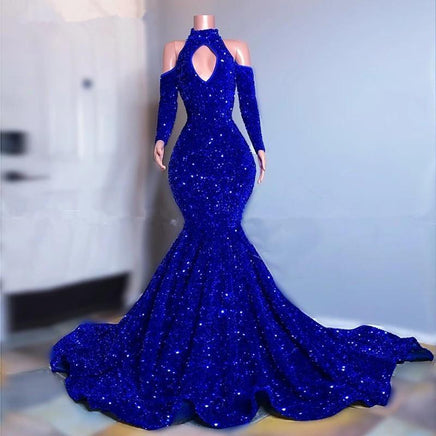 Original 2021 Plus Size Royal Blue Sequined Prom Dresses Long Sleeves High Neck Mermaid Evening Gowns Sexy Off the Shoulder Women Dress DIGITAL OFFICE ELECTRONIC