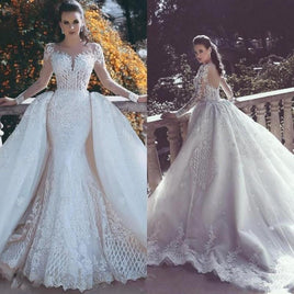 Original African Luxury Lace Mermaid Wedding Dresses 201 Illusion Neck Long Sleeve Detachable Train Appliques Beaded Plus Size Arabic Br DIGITAL OFFICE ELECTRONIC