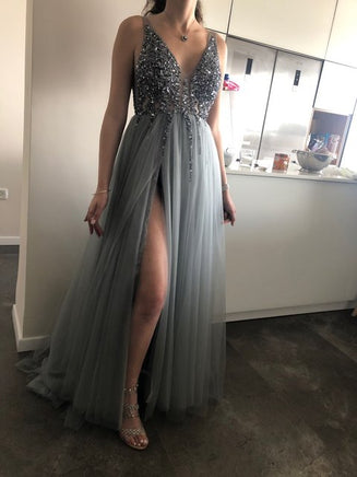 Original Beading Prom Dresses Long 2021 V Neck Light Gray High Split Tulle Sweep Train Sleeveless Evening Gown A-Line Backless Vestido De DIGITAL OFFICE ELECTRONIC