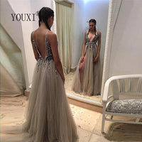 Original Beading Prom Dresses Long 2021 V Neck Light Gray High Split Tulle Sweep Train Sleeveless Evening Gown A-Line Backless Vestido De DIGITAL OFFICE ELECTRONIC