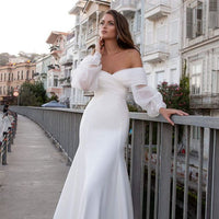 Original Elegant Ladies Satin Mermaid Wedding Dress With Long Puff Sleeves Sexy Lace Beach Bridal Dress Srapless Bridal Dress vestidos DIGITAL OFFICE ELECTRONIC