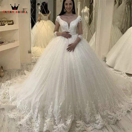 Original Elegant Plus Size Ball Gown Weddding Dresse V-neck 3 4 Sleeve Tulle Lace Appliques 2022 Fashion Formal Bridal Gowns SD53 DIGITAL OFFICE ELECTRONIC