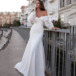 Original Long Puffy Sleeve Mermaid Wedding Dresses 2021 Criss-Cross Pleat Chiffon Simple Bridal Gown Sweep Train Sexy Off The Shoulder DIGITAL OFFICE ELECTRONIC