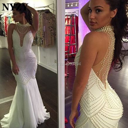 Original NYZY P44 vestidos de festa Sexy Sheer Low Back Pearls Luxury Mermaid Prom Dresses 2019 White Custom Made DIGITAL OFFICE ELECTRONIC