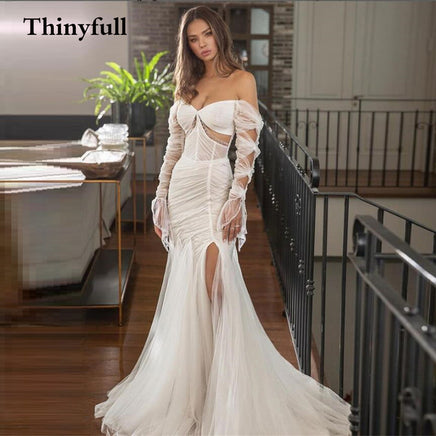 Original Sexy 2022 Long Mermaid Sweetheart Wedding Dresses Beach High Side Slit Long Full Sleeves Bride Bridal Gowns Princess Robes Dress DIGITAL OFFICE ELECTRONIC