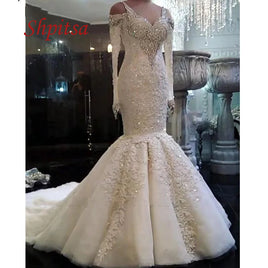 Original Sexy Long Sleeve Lace Wedding Dresses Mermaid Tulle Plus Size White Ivory Crystal Women Girl African Weeding Bride Bridal Dress DIGITAL OFFICE ELECTRONIC