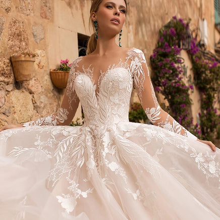 Original Sexy V-neck Appliques Tulle Wedding Dress Illusion Backless Long Sleeve Princess Bride Lace Wedding Gowns Drop Shipping DIGITAL OFFICE ELECTRONIC