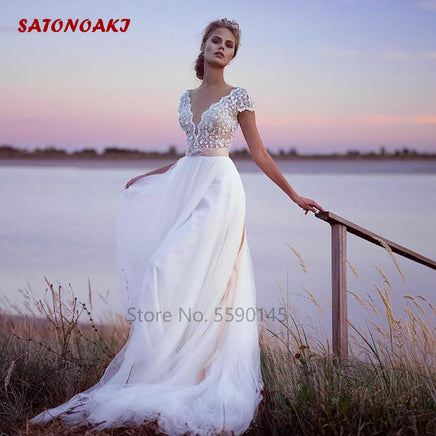 Original Vestidos De Novia Boho Tulle Wedding Dress 2022 For Women Elegant V-Neck Cap Sleeves Lace Appliques Illusion Backl Bridal Gown DIGITAL OFFICE ELECTRONIC