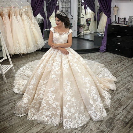 VINCA SUNNY - Original 2022 Champagne Ball Gown Wedding Dresses Scoop Neck Appliques Vestidos Cap Sleeves Lace Up Back Puffy Princess Wedding Gowns DIGITAL OFFICE ELECTRONIC