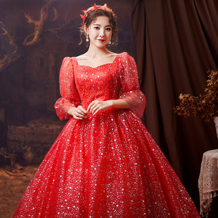 VLNUO NISA - Original 3 Models Red Romantic Shiny Star Wedding Dress with Sleeve Plus Size Off Shoulder Lace Up Princess Bridal Gown Vestidos De Novia DIGITAL OFFICE ELECTRONIC