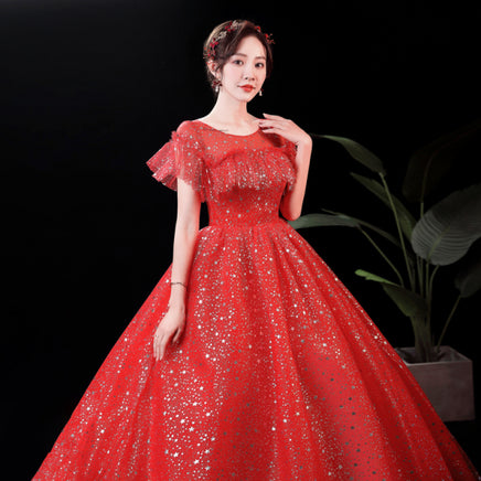 VLNUO NISA - Original 3 Models Red Romantic Shiny Star Wedding Dress with Sleeve Plus Size Off Shoulder Lace Up Princess Bridal Gown Vestidos De Novia DIGITAL OFFICE ELECTRONIC