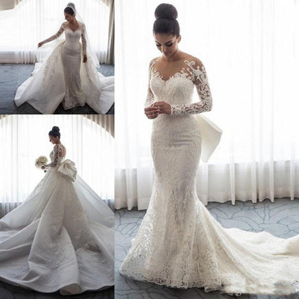 WUDANGSHAN - Original 2021 Luxury Mermaid Wedding Dresses Sheer Neck Long Sleeves Illusion Full Lace Applique Bow Overskirts Button Back Chapel Train DIGITAL OFFICE ELECTRONIC