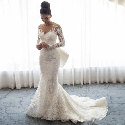 WUDANGSHAN - Original 2021 Luxury Mermaid Wedding Dresses Sheer Neck Long Sleeves Illusion Full Lace Applique Bow Overskirts Button Back Chapel Train DIGITAL OFFICE ELECTRONIC