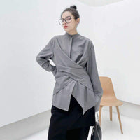 MARIGOLDSHADOWS - Original Kume Loose Stand Collar Long Sleeve Shirt - Gray