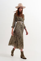 Q2 - Original Long Sleeve Wrap Front Chiffon Dress With Belt in Shiny Print