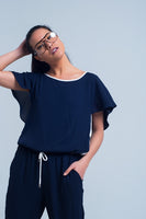 Q2 - Original Navy Blue Jumpsuit With Short Sleeve and Ruffle Detail