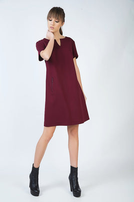 CONQUISTA FASHION - Original Burgundy Sack Dress in Stretch Punto Di Roma Fabric